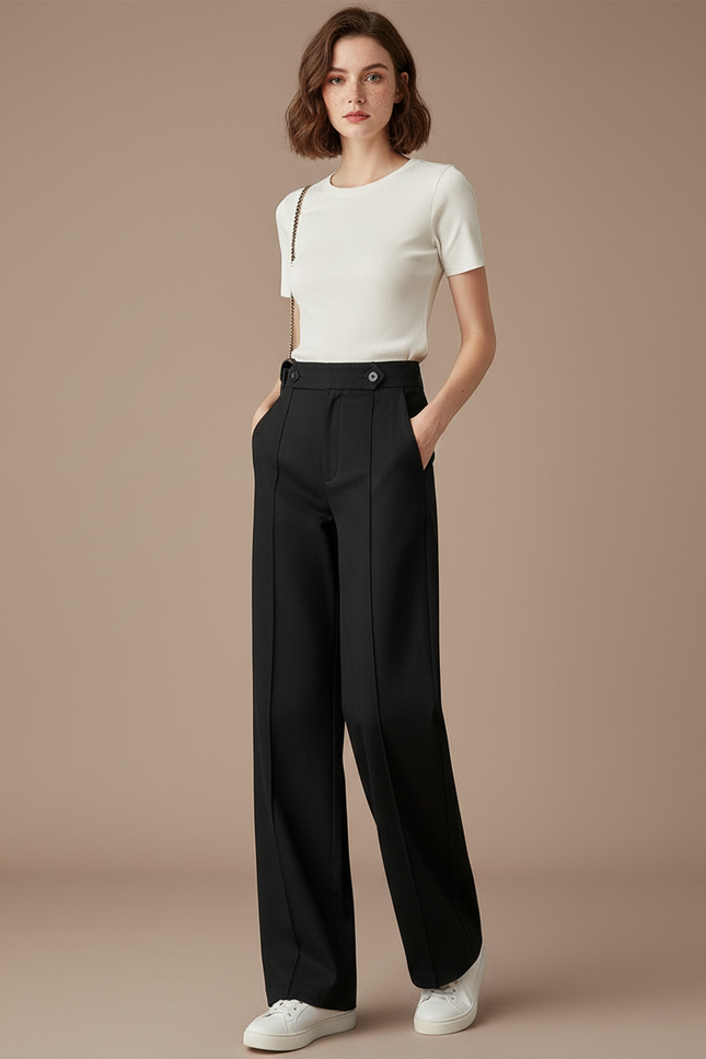 Pantalon Chino Noir Ample Taille Haute Élégant - Gabardine