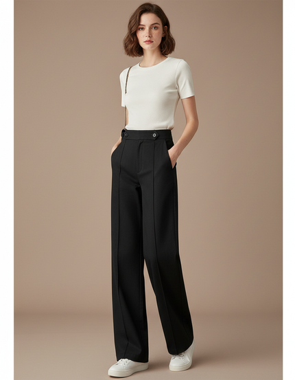 Pantalon Chino Noir Ample Taille Haute Élégant - Gabardine