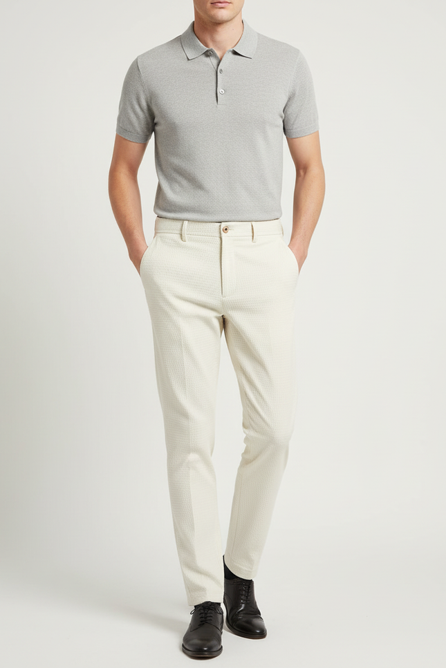 Pantalon Chino Beige Clair Texturé Coupe Slim Homme - Coton