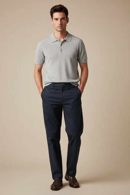 Pantalon Chino Droit - Marine Coton