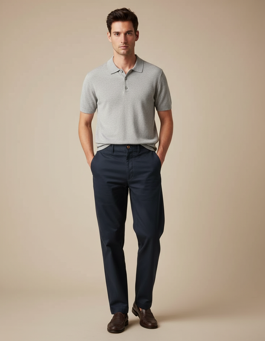Pantalon Chino Droit - Marine Coton