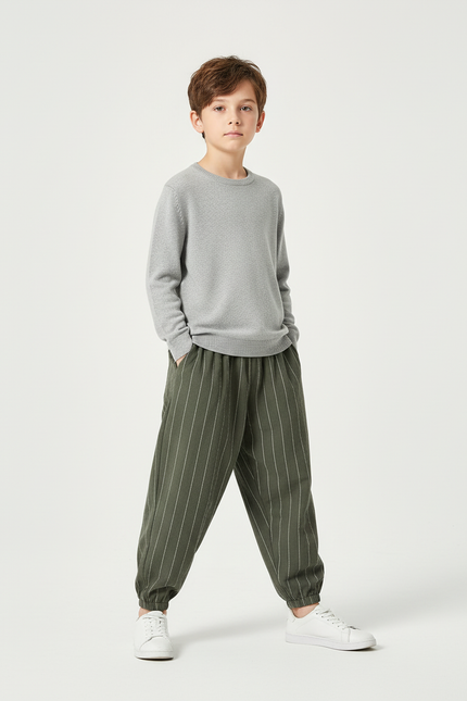 Pantalon Chino Vert Rayé Ample Coton Enfant