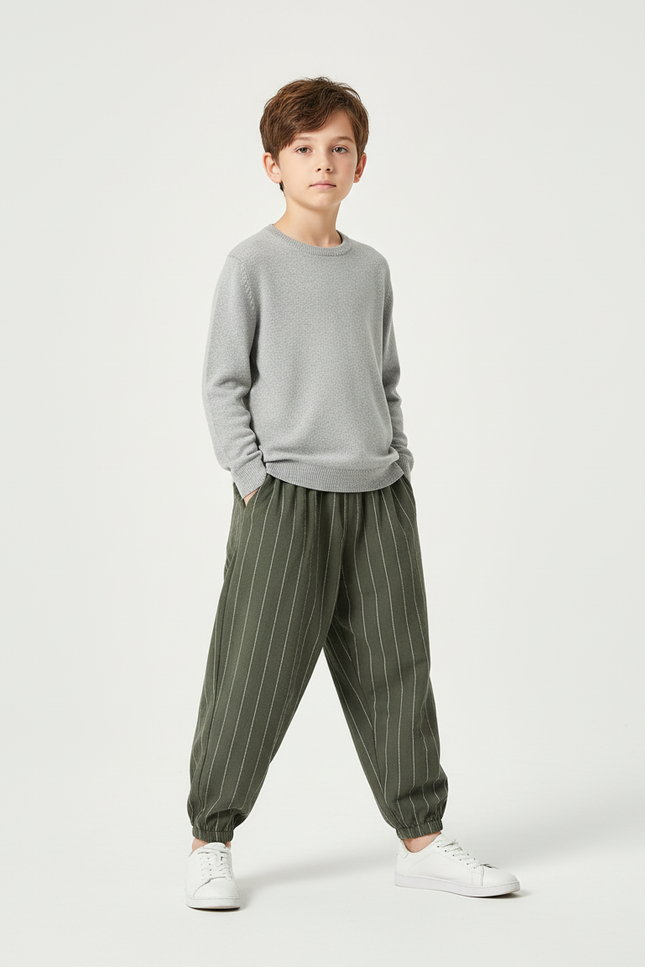 Pantalon Chino Vert Rayé Ample Coton Enfant