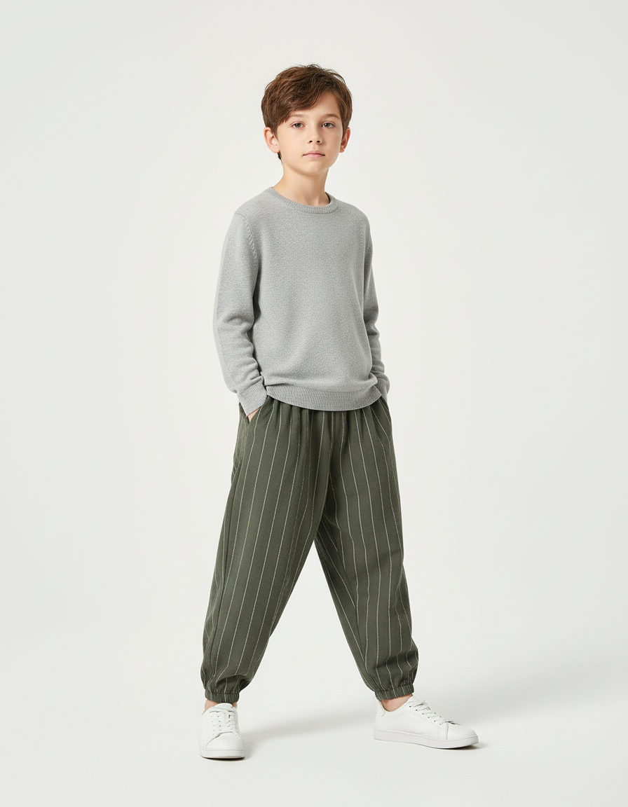 Pantalon Chino Vert Rayé Ample Coton Enfant