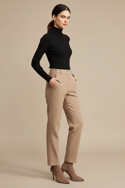 Pantalon Chino Beige Laine Droit Taille Haute Femme