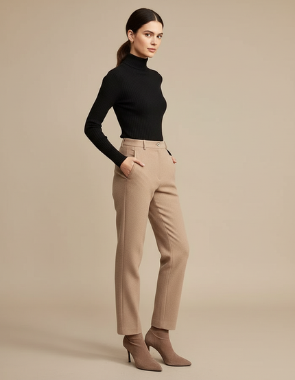 Pantalon Chino Beige Laine Droit Taille Haute Femme