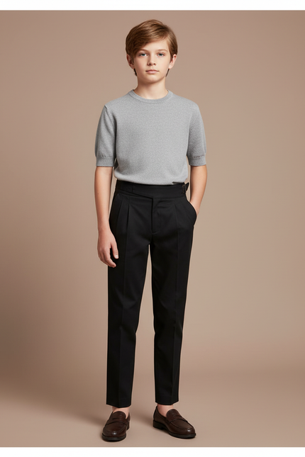 Pantalon Chino Noir Plissé Slim Formel Enfant - Gabardine