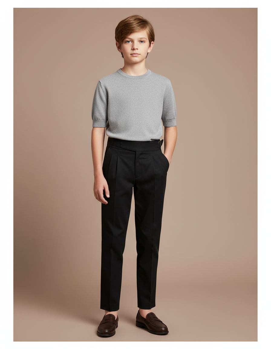 Pantalon Chino Noir Plissé Slim Formel Enfant - Gabardine
