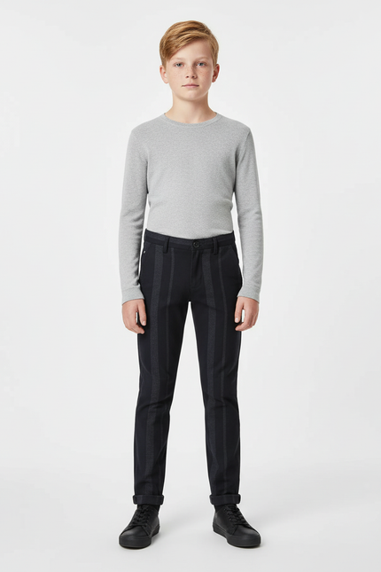 Pantalon Chino Noir Rayé Garçon Slim - Coton