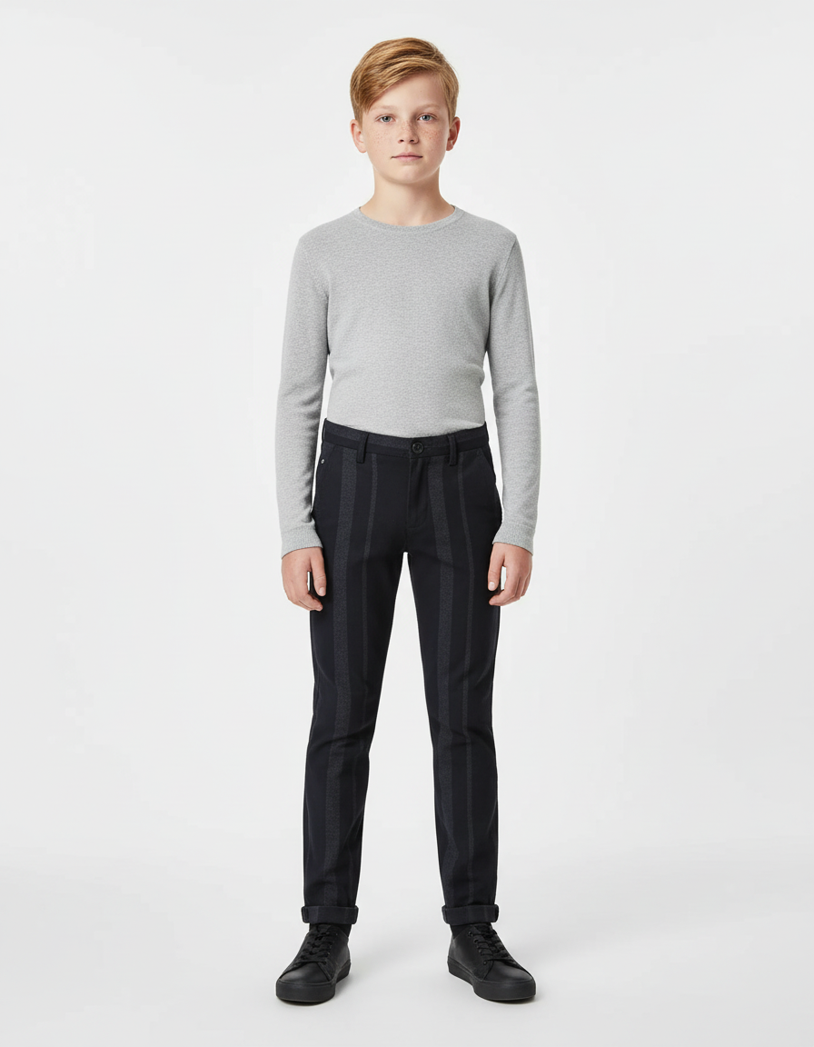 Pantalon Chino Noir Rayé Garçon Slim - Coton