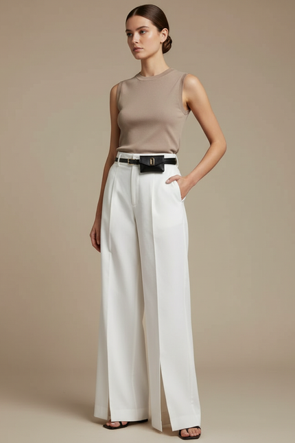 Pantalon Chino Blanc Ample Plissé Fendu Femme - Gabardine