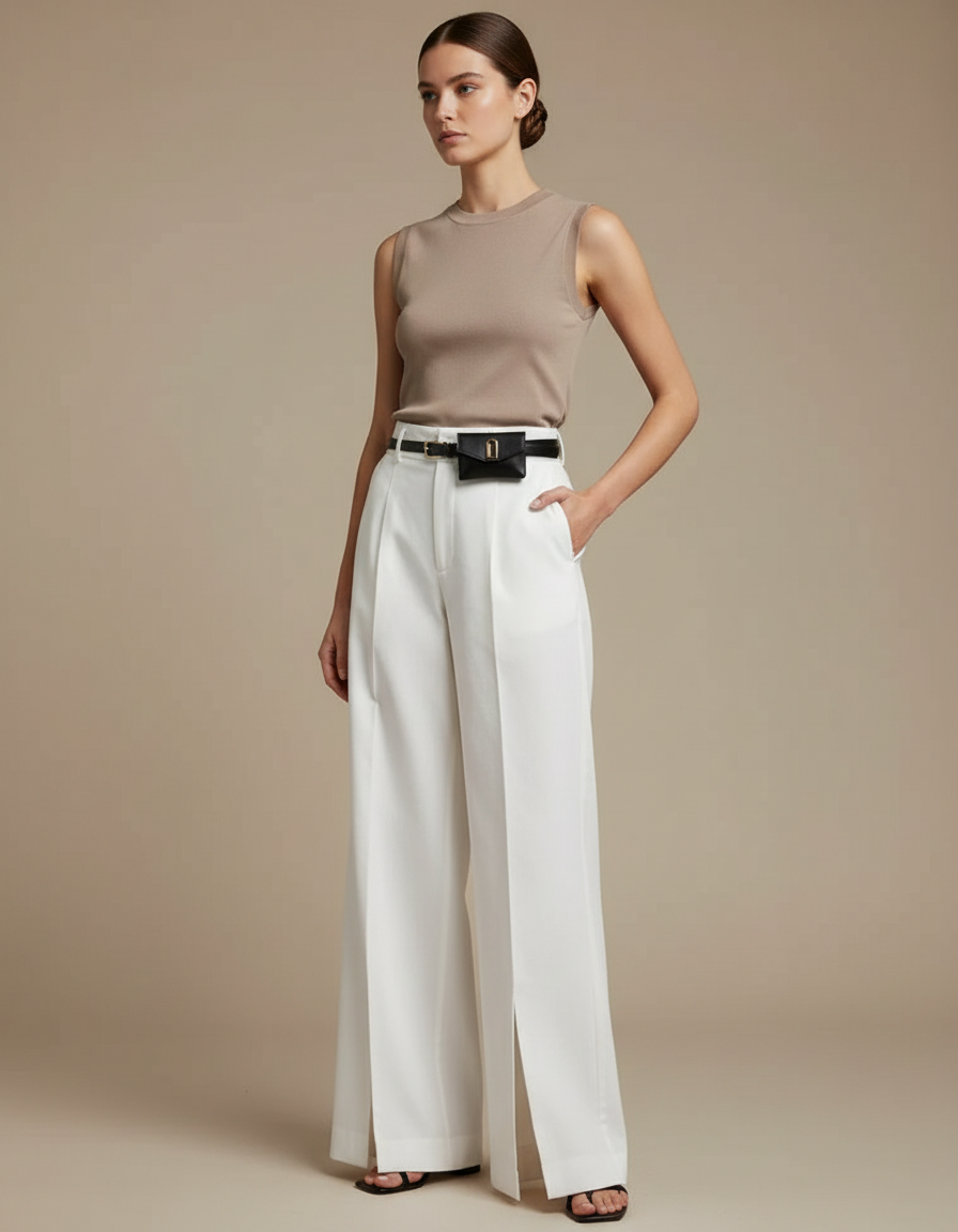 Pantalon Chino Blanc Ample Plissé Fendu Femme - Gabardine