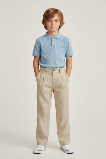 Pantalon Chino Beige Lin Ample Décontracté Enfant