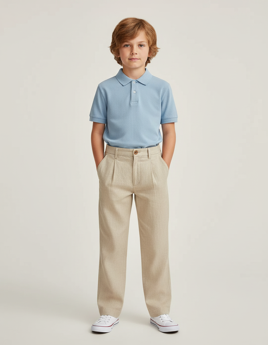 Pantalon Chino Beige Lin Ample Décontracté Enfant