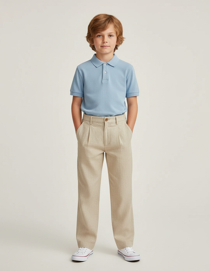 Pantalon Chino Beige Lin Ample Décontracté Enfant