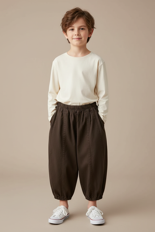 Pantalon Chino Marron Ample Coton Enfant Élastiqué