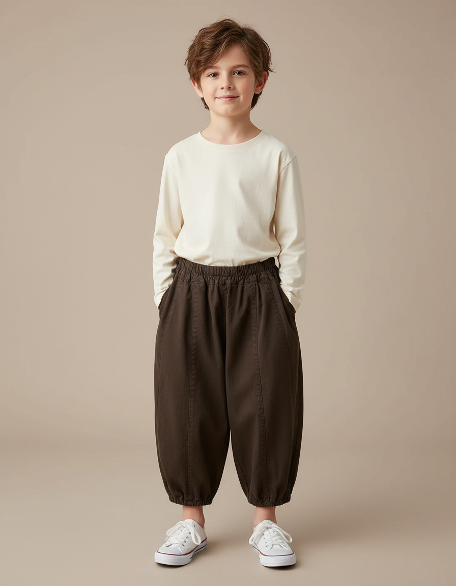 Pantalon Chino Marron Ample Coton Enfant Élastiqué