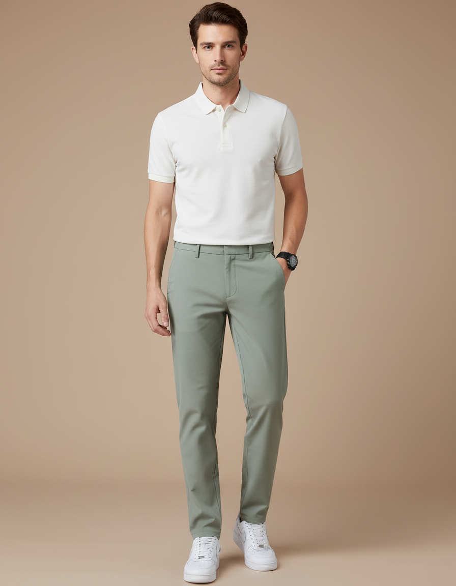 Pantalon Chino Vert Clair Slim Coton Décontracté Homme