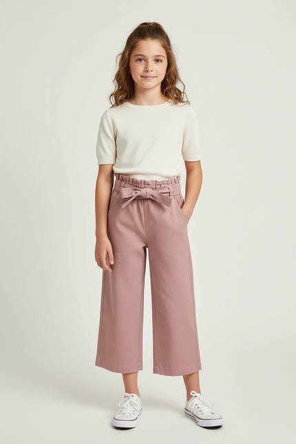 Pantalon Chino Rose Ample Taille Haute Ceinturé Fille - Coton