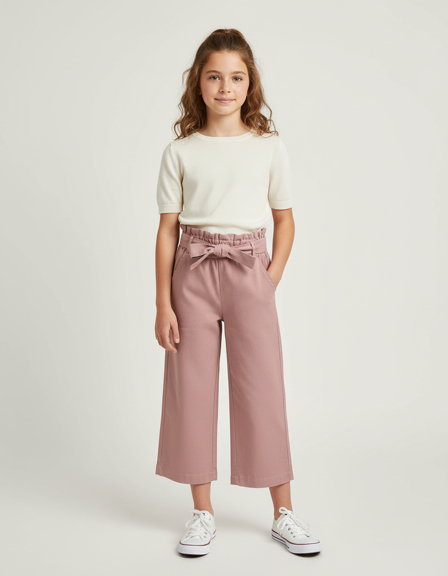 Pantalon Chino Rose Ample Taille Haute Ceinturé Fille - Coton