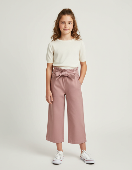 Pantalon Chino Rose Ample Taille Haute Ceinturé Fille - Coton