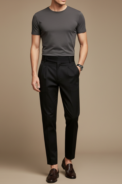 Pantalon Chino Noir Plissé Slim Élégant Formel Homme - Gabardine