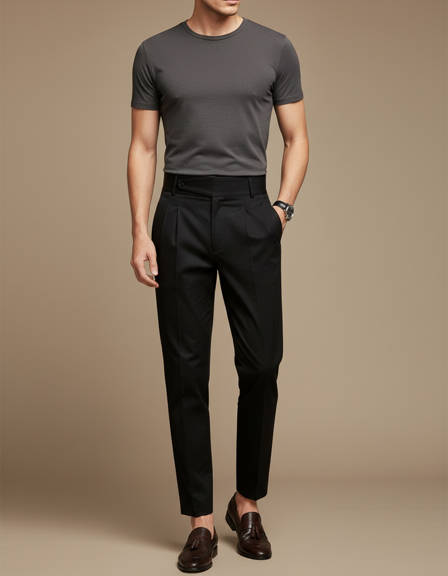 Pantalon Chino Noir Plissé Slim Élégant Formel Homme - Gabardine