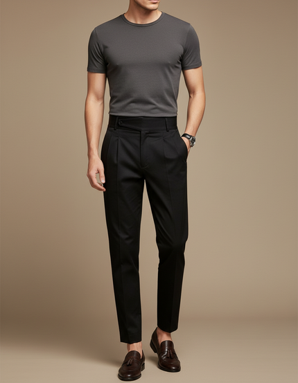 Pantalon Chino Noir Plissé Slim Élégant Formel Homme - Gabardine