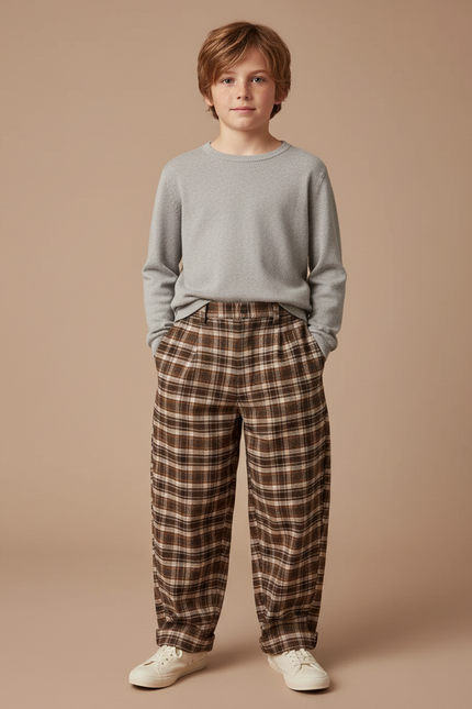 Pantalon Chino Marron Écossais Ample Chaud Garçon - Tweed