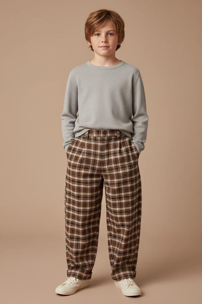 Pantalon Chino Marron Écossais Ample Chaud Garçon - Tweed