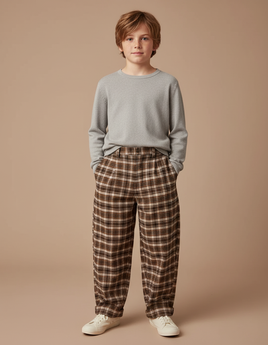 Pantalon Chino Marron Écossais Ample Chaud Garçon - Tweed
