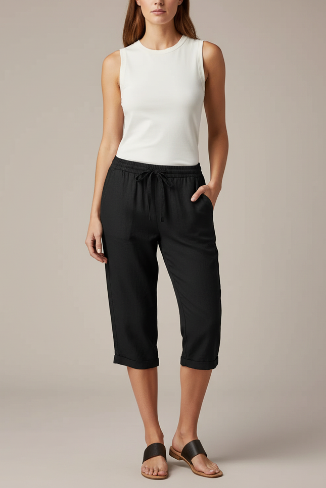 Pantalon Chino Noir Coton Lin Décontracté Femme