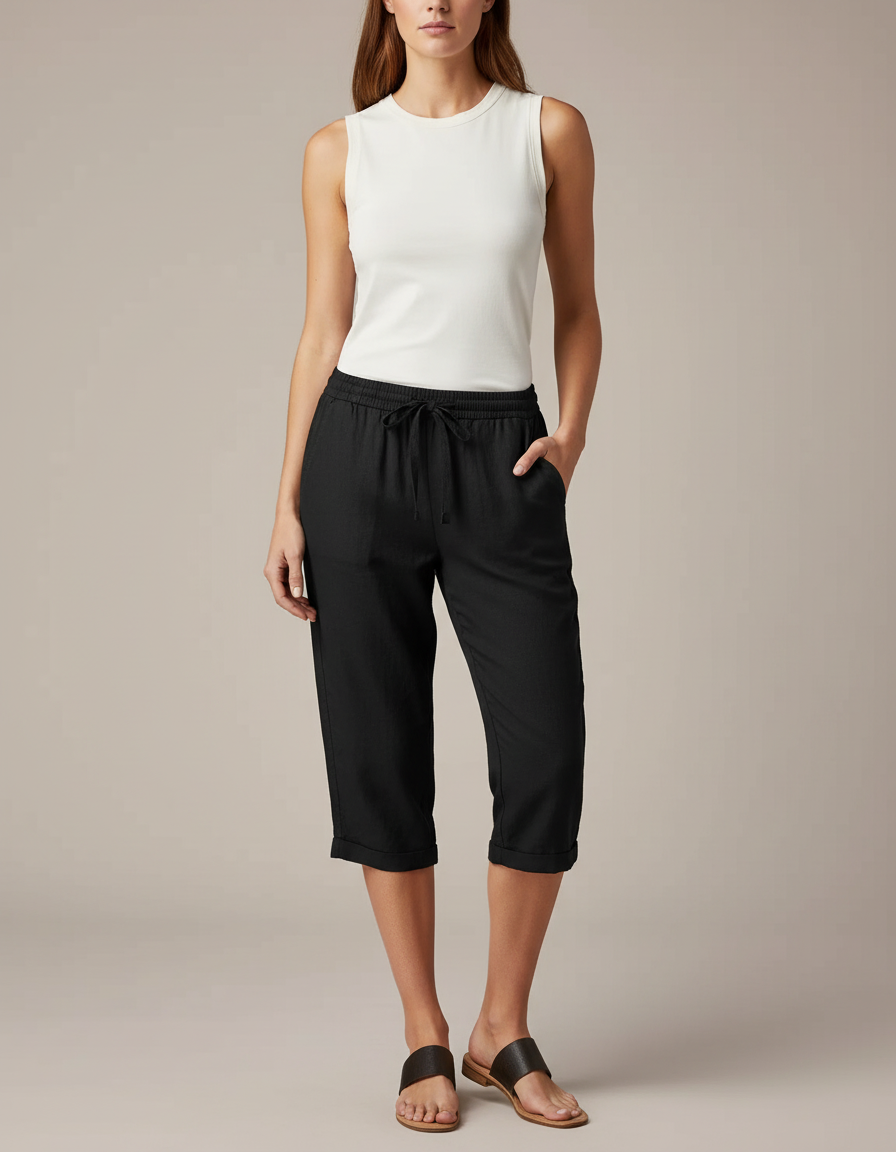 Pantalon Chino Noir Coton Lin Décontracté Femme