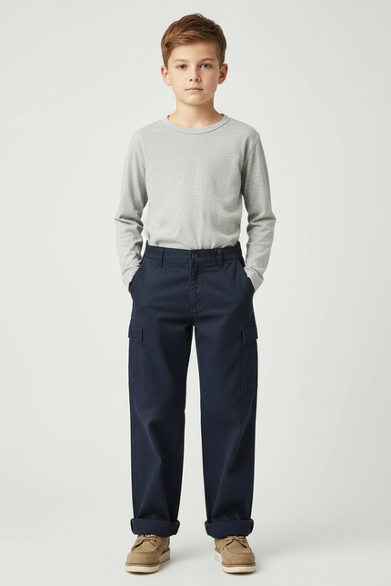 Pantalon Chino Marine Coton Ample Garçon Décontracté