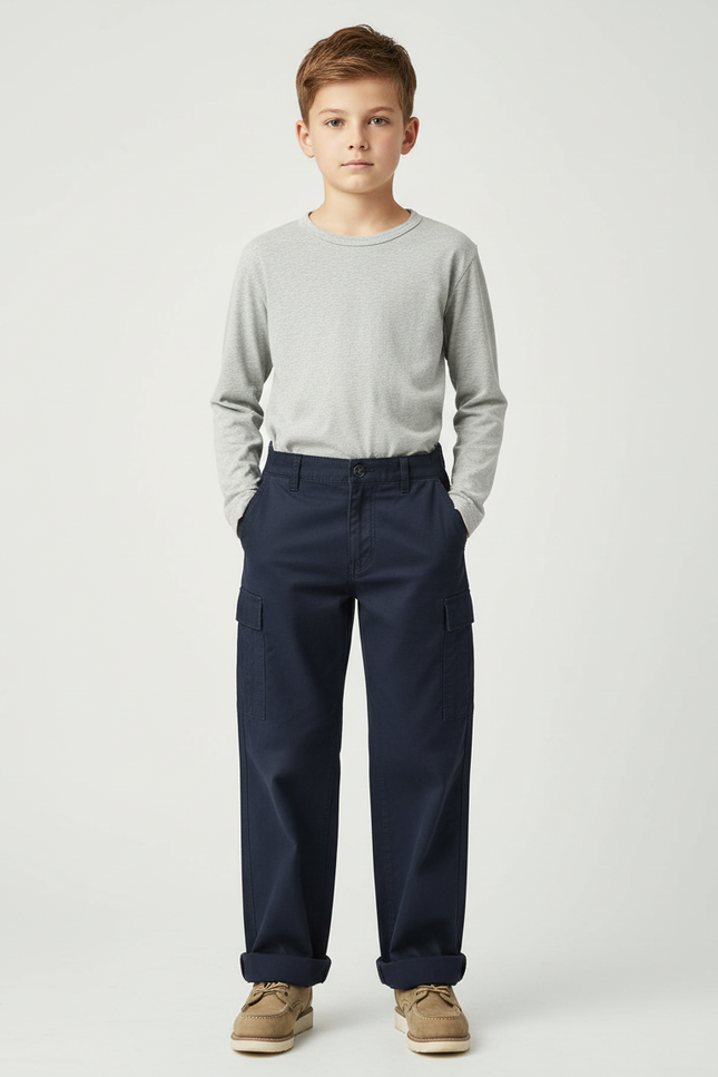 Pantalon Chino Marine Coton Ample Garçon Décontracté