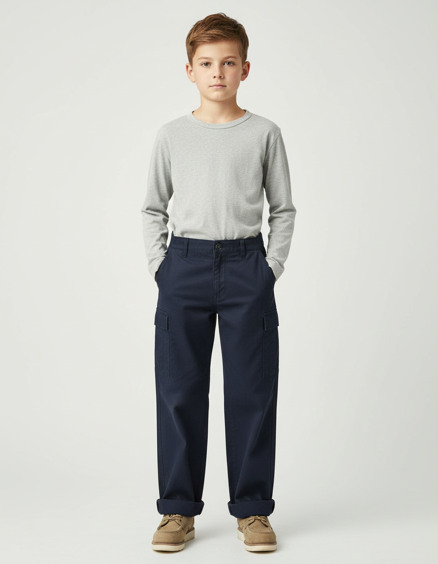 Pantalon Chino Marine Coton Ample Garçon Décontracté