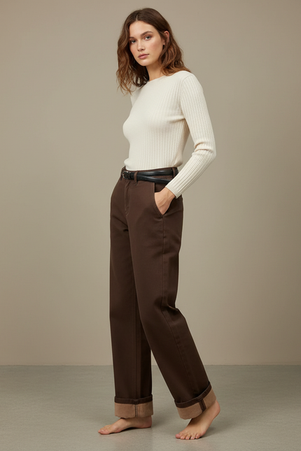 Pantalon Chino Marron Ample Doublé Polaire Femme - Coton