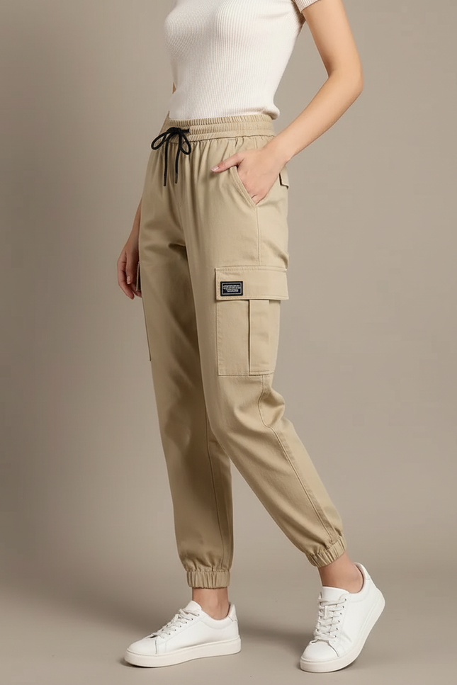 Pantalon Chino Kaki Cargo Taille Haute Femme - Coton
