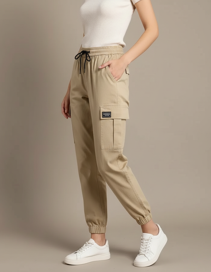 Pantalon Chino Kaki Cargo Taille Haute Femme - Coton