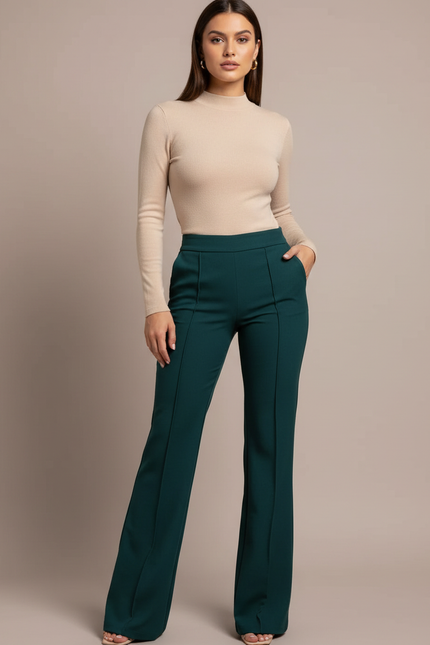 Pantalon Chino Vert Foncé Évasé Taille Haute Élégant - Gabardine