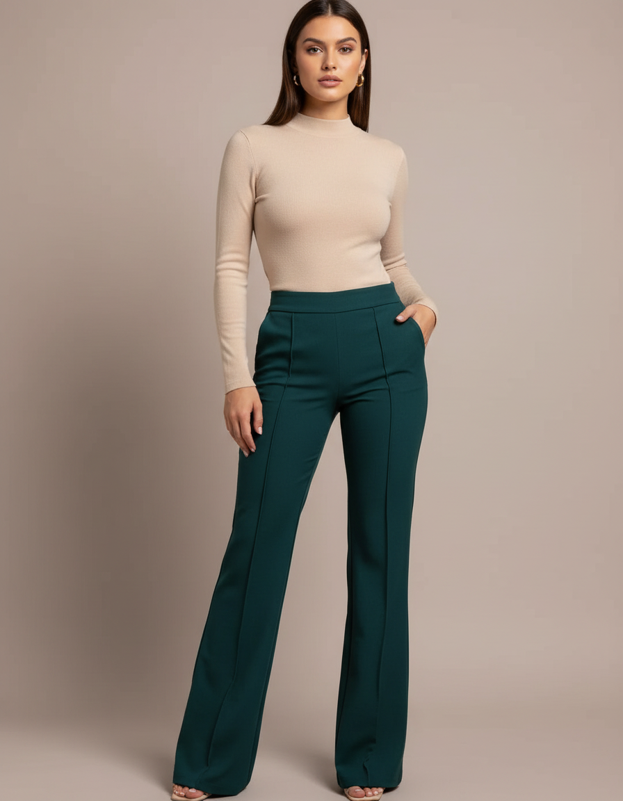 Pantalon Chino Vert Foncé Évasé Taille Haute Élégant - Gabardine