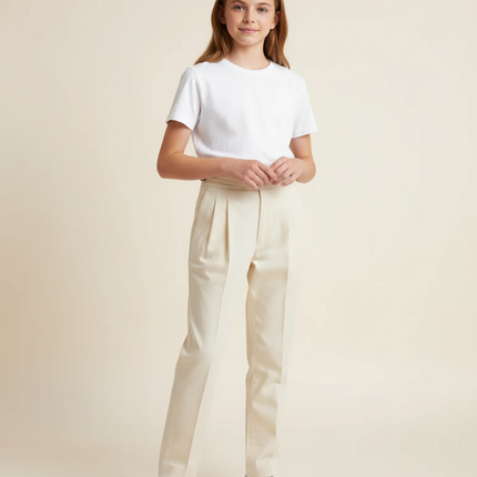 Pantalon Chino Écru Droit Plissé Élégant Enfant - Beige Gabardine