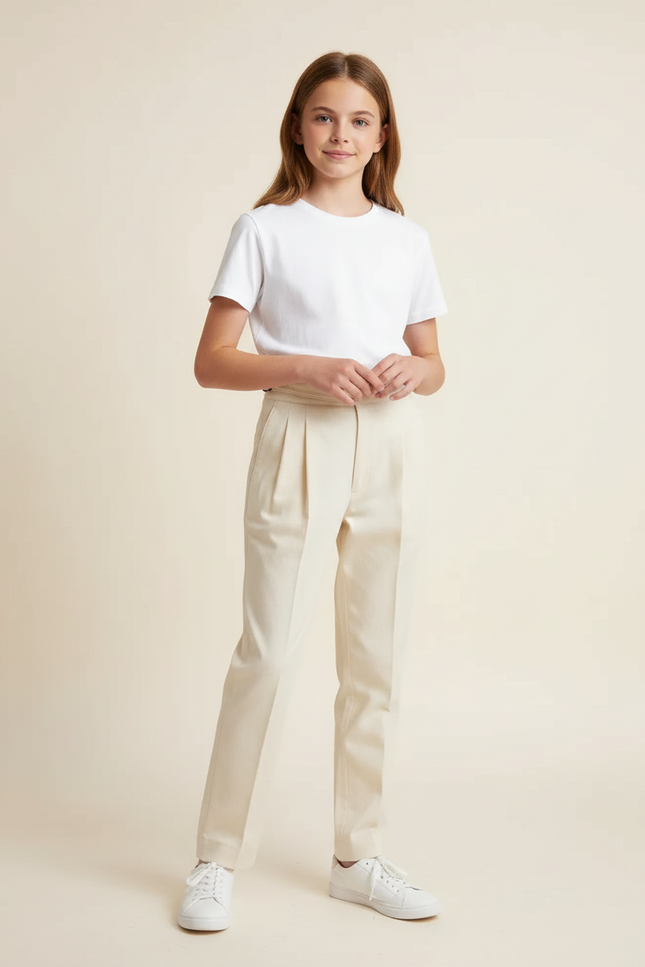 Pantalon Chino Écru Droit Plissé Élégant Enfant - Beige Gabardine