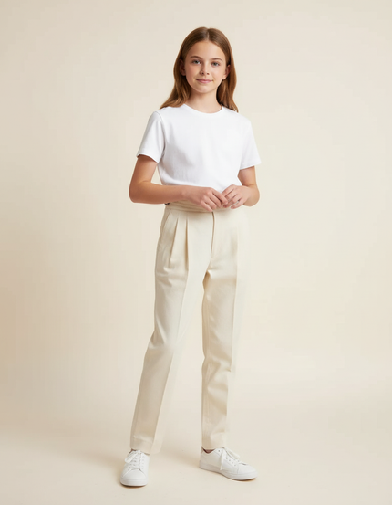 Pantalon Chino Écru Droit Plissé Élégant Enfant - Beige Gabardine