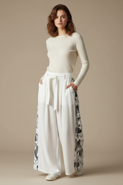 Pantalon Chino Blanc Ample Motif Ethnique Femme - Lin