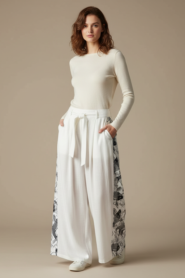 Pantalon Chino Blanc Ample Motif Ethnique Femme - Lin