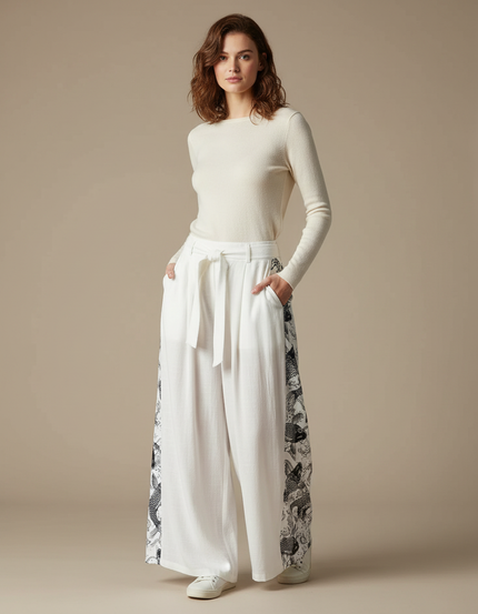 Pantalon Chino Blanc Ample Motif Ethnique Femme - Lin