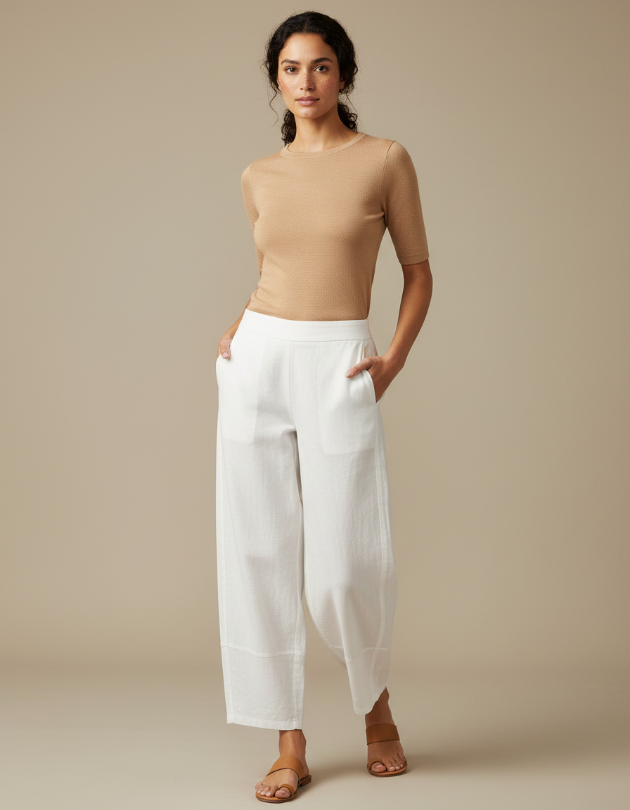 Pantalon Chino Blanc Ample Lin Décontracté Femme