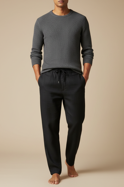 Pantalon Chino Noir Lin Cordon Ample Décontracté Homme