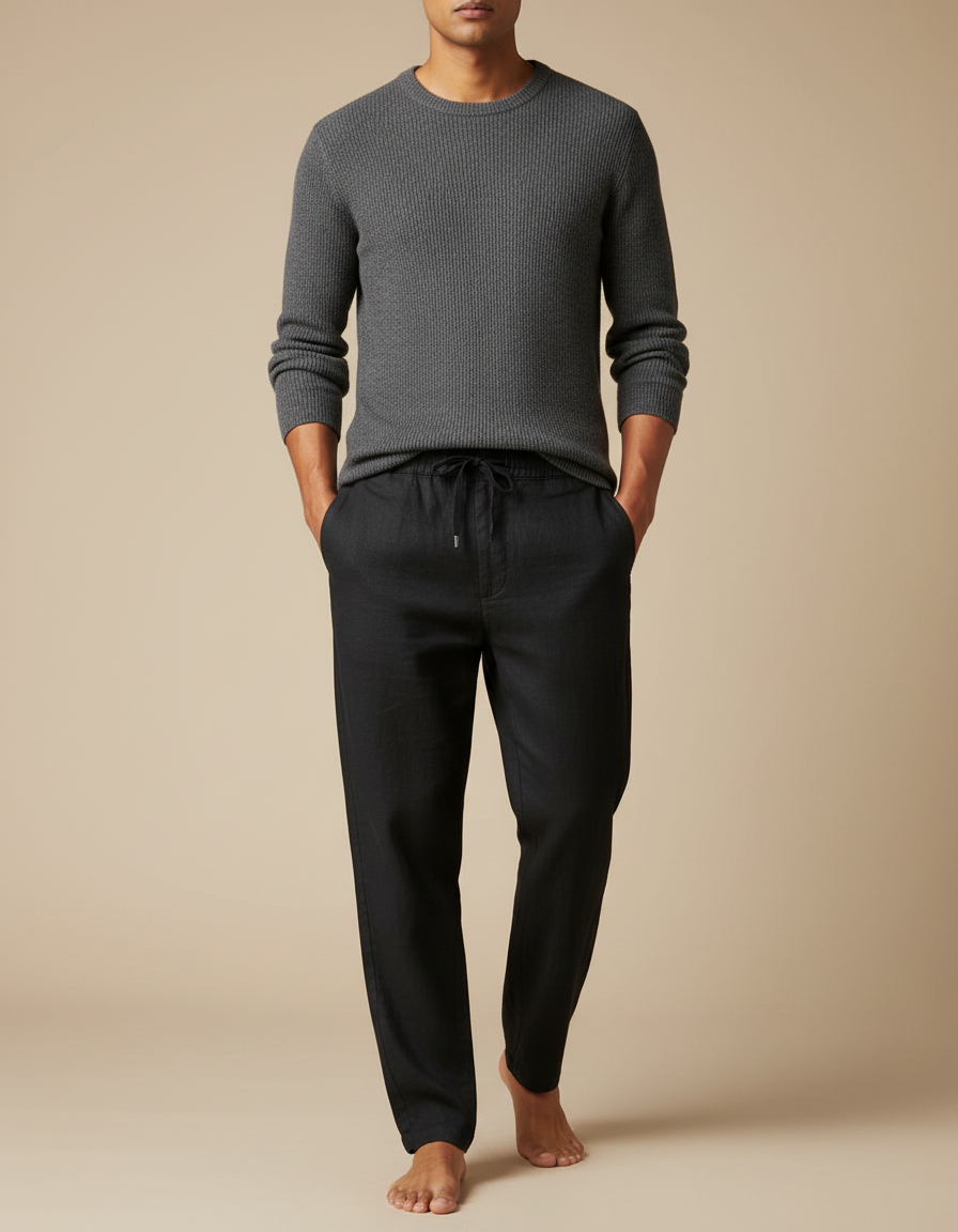 Pantalon Chino Noir Lin Cordon Ample Décontracté Homme